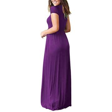 MISFAY Women's Short Sleeve Empire Waist Maxi Dresses Long Dresses with Pockets (Purple L)
