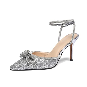 Vertundy Women's Lace up High Heeled Sandals Ankle Buckle Strap Rhinestone Bowknot Stilettos Satin P...