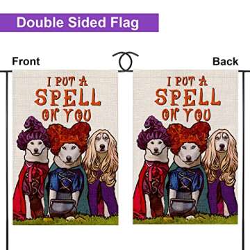 Halloween Garden Flag for Dog Lovers - I Put A Spell On You, 12x18 Inch Double Sided Vertical Halloween Decoration Outdoor, Rustic Farmhouse Decor for Seasonal Holiday Yard