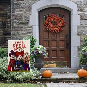 Halloween Garden Flag for Dog Lovers - I Put A Spell On You, 12x18 Inch Double Sided Vertical Halloween Decoration Outdoor, Rustic Farmhouse Decor for Seasonal Holiday Yard