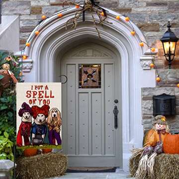 Halloween Garden Flag for Dog Lovers - I Put A Spell On You, 12x18 Inch Double Sided Vertical Halloween Decoration Outdoor, Rustic Farmhouse Decor for Seasonal Holiday Yard