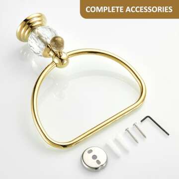 WOLIBEER Gold Towel Ring, Hand Towel Holder for Bathroom,Crystal Towel Holder, Round Hand Towel Ring Wall Mounted.