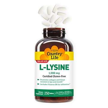 Country Life L-Lysine 1000mg with B-6, Supports Immune Health, Promotes Collagen Renewal in Lips and Mouth, 250-Count, Certified Gluten Free, Certified Vegan…