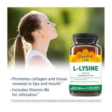 Country Life L-Lysine 1000mg with B-6, Supports Immune Health, Promotes Collagen Renewal in Lips and Mouth, 250-Count, Certified Gluten Free, Certified Vegan…