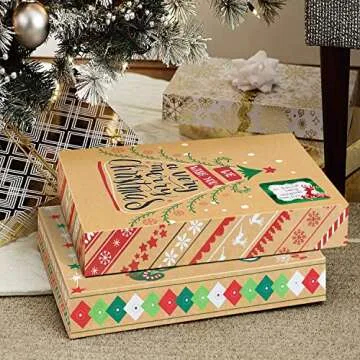 12 Kraft Christmas Gift Boxes with Lids for wrapping Large Clothes and 80 Foil Christmas Gift Stickers (Assorted size for wrapping Robes, Sweater, Coat, Shirts and Clothes xmas Holiday Present)