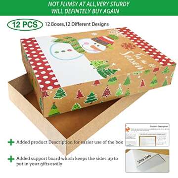 12 Kraft Christmas Gift Boxes with Lids for wrapping Large Clothes and 80 Foil Christmas Gift Stickers (Assorted size for wrapping Robes, Sweater, Coat, Shirts and Clothes xmas Holiday Present)