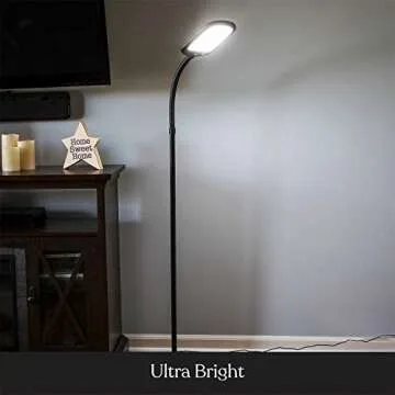 Brightech Litespan Slim LED Lamp, Modern Floor Reading Lamp Over Chair for Living Rooms & Offices, Tall Lamp with Adjustable Gooseneck, Crafts Work Light, Dimmable Standing Lamp for Bedroom - Black