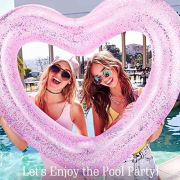 HeySplash Pool Floats, Adult Size Heart Inflatable Pool Floatie for Bachelorette Party, Swim Tube Rings, River Lake Beach Floaty, Wedding Bride Valentine Fun Toy Raft Lounge for Kids, Glitter Pink