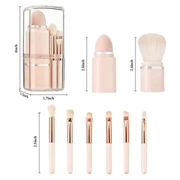 Travel Makeup Brushes Set, START MAKERS Retractable 8 in 1 Mini Powder Brush Beauty Sponge Blender, Premium Portable Foundation Blush Concealers Eyeshadow Make up Brush Set with Storage Boxes (Pink)