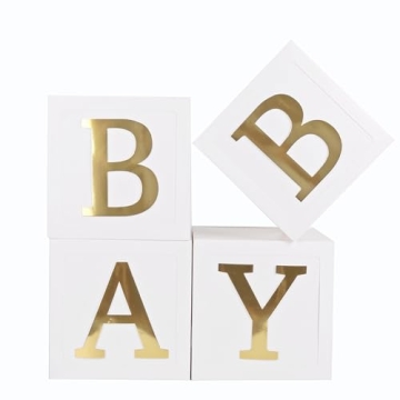 CJT Baby Shower Boxes Party Decorations - 4pcs Stereoscopic White Baby Balloon Boxes with Gold Lette...