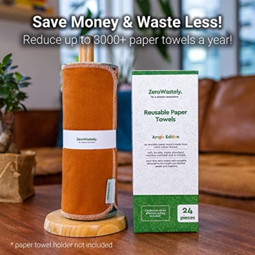 Reusable Paper Towels - Value Pack of 24 Paperless Towels! 100% Cotton, Super Soft, Absorbent, Washable and Made To Last Cut Back Waste Less with our Cloth By ZeroWastely