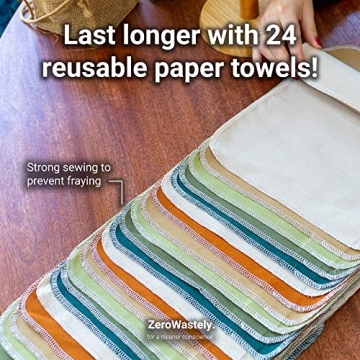 Reusable Paper Towels - Value Pack of 24 Paperless Towels! 100% Cotton, Super Soft, Absorbent, Washable and Made To Last Cut Back Waste Less with our Cloth By ZeroWastely
