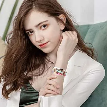 GOOJIDS Surfer Heishi Clay Bead Bracelets for Women Bohemian Stackable Gold Beaded Stretch Bracelets Elastic Layering Friendship Bracelets Set Boho Jewelry (C-White 5pcs)