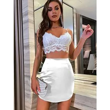 YMDUCH Women's Casual High Waist Satin Stretchy Zipper Club Mini Skirts White