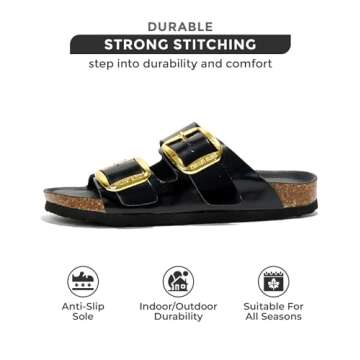 Project Cloud Genuine Leather Flat Sandals Comfortable Beach Essentials Womens Sandals Memory Foam Vacation Essentials Slides for Women Footwear (Santorini, Blackpat, 6)