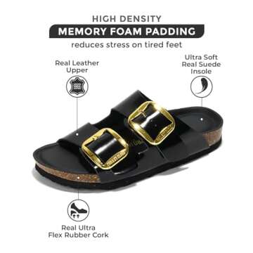 Project Cloud Genuine Leather Flat Sandals Comfortable Beach Essentials Womens Sandals Memory Foam Vacation Essentials Slides for Women Footwear (Santorini, Blackpat, 6)