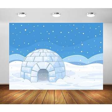 BELECO 5x3ft Fabric Cartoon Winter Arctic Snowy Landscape Backdrop Polar Igloo Snowflakes White Wint...