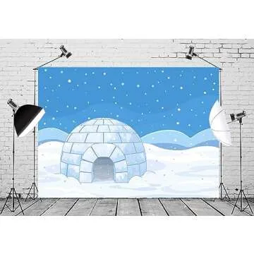 BELECO 5x3ft Fabric Cartoon Winter Arctic Snowy Landscape Backdrop Polar Igloo Snowflakes White Winter Snowing Scene Background Backdrop Christmas Party Decorations Portrait Photo Studio Props