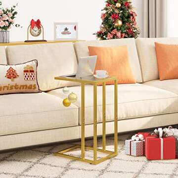 HOOBRO C Shaped End Table with Tempered Glass - Stylish Space-Saving Gold Design