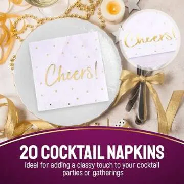 Premium Acrylic Cocktail Napkin Holder - Elegant Napkin Holder with Bonus 20 Gold Embossed 'Cheers' Napkins Included- 5x5 Inches Heavy Duty Acrylic Cocktail Napkin Holder for Parties and Events