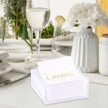 Premium Acrylic Cocktail Napkin Holder - Elegant Napkin Holder with Bonus 20 Gold Embossed 'Cheers' Napkins Included- 5x5 Inches Heavy Duty Acrylic Cocktail Napkin Holder for Parties and Events