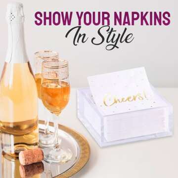 Premium Acrylic Cocktail Napkin Holder - Elegant Napkin Holder with Bonus 20 Gold Embossed 'Cheers' Napkins Included- 5x5 Inches Heavy Duty Acrylic Cocktail Napkin Holder for Parties and Events