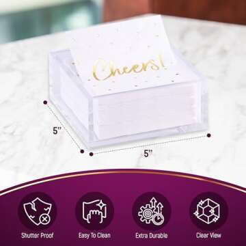 Premium Acrylic Cocktail Napkin Holder - Elegant Napkin Holder with Bonus 20 Gold Embossed 'Cheers' Napkins Included- 5x5 Inches Heavy Duty Acrylic Cocktail Napkin Holder for Parties and Events
