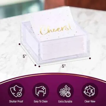 Premium Acrylic Cocktail Napkin Holder - Elegant Napkin Holder with Bonus 20 Gold Embossed 'Cheers' Napkins Included- 5x5 Inches Heavy Duty Acrylic Cocktail Napkin Holder for Parties and Events