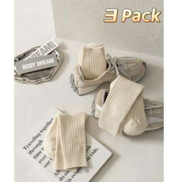 MANGMAO 3 Pairs Crew Socks for Women Cute Fall Knit Cotton Socks Crochet Aesthetic Long Slouch Socks Gifts for Women (Beige-3 Pack,One Size,One Size)