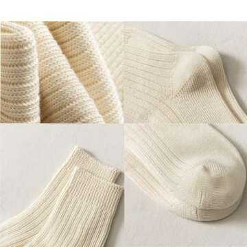 MANGMAO 3 Pairs Crew Socks for Women Cute Fall Knit Cotton Socks Crochet Aesthetic Long Slouch Socks Gifts for Women (Beige-3 Pack,One Size,One Size)