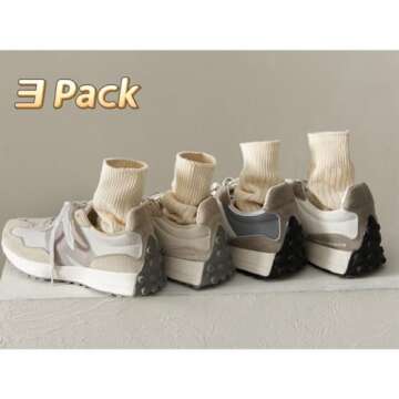 MANGMAO 3 Pairs Crew Socks for Women Cute Fall Knit Cotton Socks Crochet Aesthetic Long Slouch Socks Gifts for Women (Beige-3 Pack,One Size,One Size)