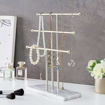MyGift 3-Tier Tabletop Jewelry Organizer - Brass-Tone Metal T-Bar Necklace Display Stand with Marble Base
