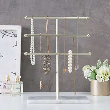 MyGift 3-Tier Tabletop Jewelry Organizer - Brass-Tone Metal T-Bar Necklace Display Stand with Marble Base