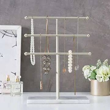 MyGift 3-Tier Tabletop Jewelry Organizer - Brass-Tone Metal T-Bar Necklace Display Stand with Marble Base