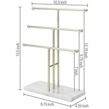 MyGift 3-Tier Tabletop Jewelry Organizer - Brass-Tone Metal T-Bar Necklace Display Stand with Marble Base