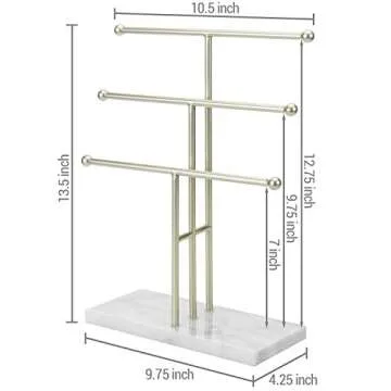 MyGift 3-Tier Tabletop Jewelry Organizer - Brass-Tone Metal T-Bar Necklace Display Stand with Marble Base