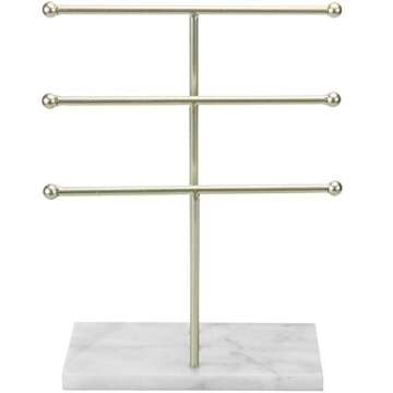 MyGift 3-Tier Tabletop Jewelry Organizer - Brass-Tone Metal T-Bar Necklace Display Stand with Marble Base