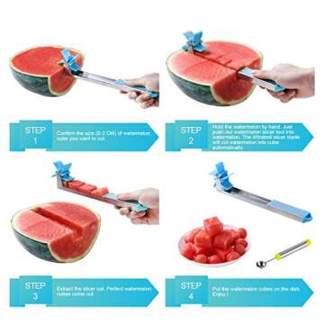Watermelon Slicer Watermelon Cube Cutter Knife Corer Windmill Stainless Steel Watermelon Fruit Tools with Melon Baller Scooper Easy Slicer Unique Kitchen Gadgets Watermelon Knife Home Gift (Bule)