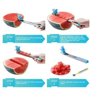 Watermelon Slicer Watermelon Cube Cutter Knife Corer Windmill Stainless Steel Watermelon Fruit Tools with Melon Baller Scooper Easy Slicer Unique Kitchen Gadgets Watermelon Knife Home Gift (Bule)