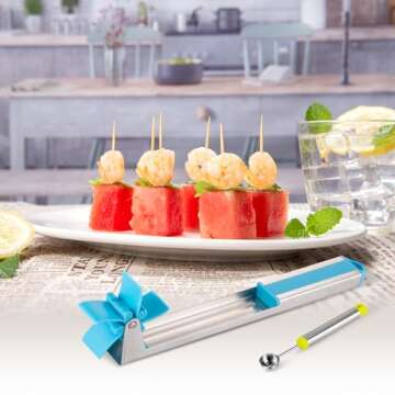 Watermelon Slicer Watermelon Cube Cutter Knife Corer Windmill Stainless Steel Watermelon Fruit Tools with Melon Baller Scooper Easy Slicer Unique Kitchen Gadgets Watermelon Knife Home Gift (Bule)