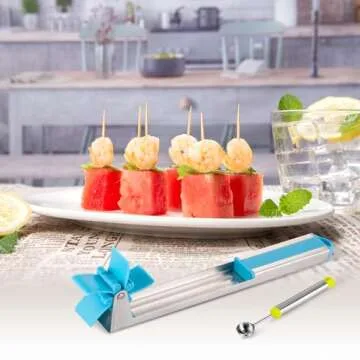 Watermelon Slicer Watermelon Cube Cutter Knife Corer Windmill Stainless Steel Watermelon Fruit Tools with Melon Baller Scooper Easy Slicer Unique Kitchen Gadgets Watermelon Knife Home Gift (Bule)