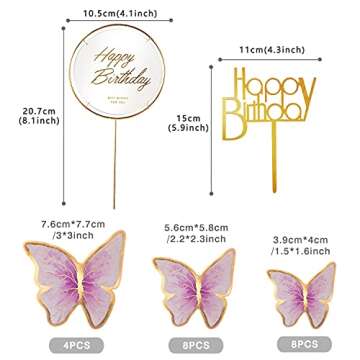 LANGPA 22-Pieces Purple Gold Butterfly Cake Decorations With Happy Birthday Acrylic Cake Toppers for...