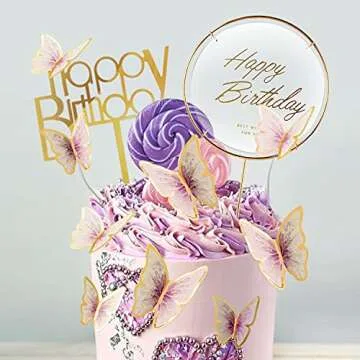 LANGPA 22-Pieces Purple Gold Butterfly Cake Decorations With Happy Birthday Acrylic Cake Toppers for Baby Shower Wedding Birthday Party Decor (Purple Gold)