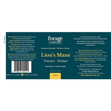 Forage Hyperfoods- Original Canadian Grown Lion's Mane Mushroom Superfood Liquid Supplement Extract Tincture, Vegan, Non-GMO, Natural Brain Aid- Memory Improvement and Nerve Support 118ML