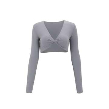 Aoxjox Long Sleeve Crop Tops for Women Sienna Twist Deep V Workout Cropped T Shirt Top (Grey, X-Small)