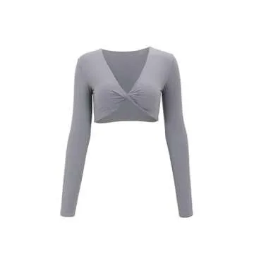 Aoxjox Long Sleeve Crop Tops for Women Sienna Twist Deep V Workout Cropped T Shirt Top (Grey, X-Small)