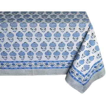 ATOSII Roma Blue Cotton Tablecloth, Handblock Floral Print 60x108