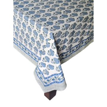 ATOSII Roma Blue Cotton Tablecloth, Handblock Floral Print 60x108