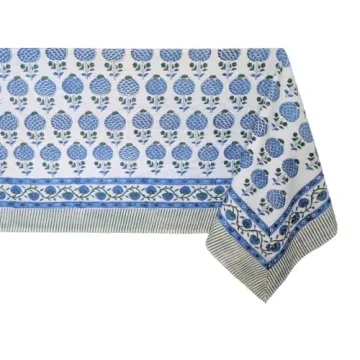 ATOSII Roma Blue Cotton Tablecloth, Handblock Floral Print 60x108