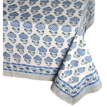 ATOSII Roma Blue Cotton Tablecloth, Handblock Floral Print 60x108